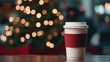 © Iuliia Pilipeichenko - Paper cup with coffee сlose up. Coffee cup. Christmas tree with lights on the background. Holiday season. Time for drink coffee. Coffee to go. Take a break. Disposable paper cup. Mockup. Generated AI