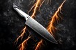 A generic sharp chef's knife with a silver blade set against a lightning storm at night with lightning bolts  background