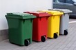 Multicolored bins for separate waste collection line the street, embodying an ecological concept, promoting waste separation, and contributing to environmental conservation.