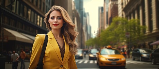 Wall Mural - Working woman in city commuting with buildings motion blur and waiting for cab Urban professional in business attire journeying to work copy space image