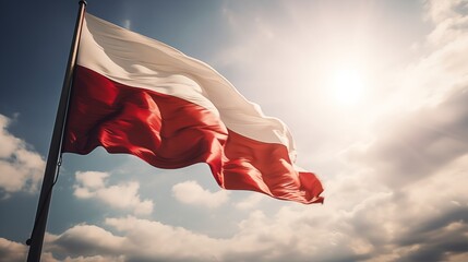 Flag of Poland red and white on sunny day background as national symbol for patriotism on Independence Day