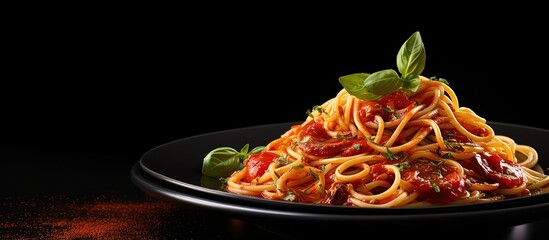 Fototapete - Yummy pasta on a dark dish copy space image