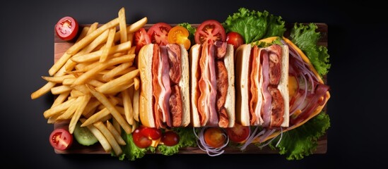 Poster - Top view of a club sandwich with cheese cucumber tomato smoked meat salami and French fries copy space image