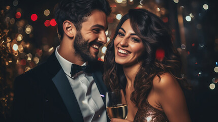 Happy and smiling couple in love celebrates new year