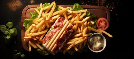 Poster - Top view of a club sandwich with cheese cucumber tomato smoked meat salami and French fries copy space image