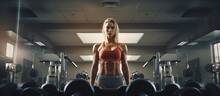 Young Woman In The Gym Stretching And Relaxing After Functional Training With Dumbbells Copy Space Image