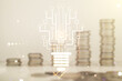 Double exposure of virtual creative light bulb hologram with chip on growing stacks of coins background, idea and brainstorming concept