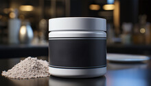 Gym Supplies Nutrition Creatine, Creatine Monohydrate Powder Blank Mockup Jar In The Gym. Protein And Recommends Taking Sports Nutrition While Doing Bodybuilding. Muscles Protein  Achieve Training. 