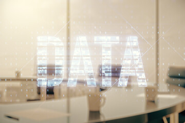 Wall Mural - data word hologram on a modern boardroom background, big data and blockchain concept. multiexposure