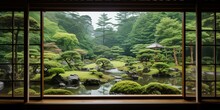 Japanese Garden View From A Traditional Window
