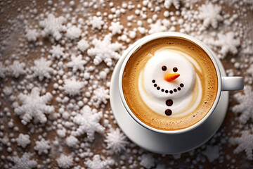 Wall Mural - Cup of coffee with latte art, milk foam snowman illustration. Christmas coffee cup. Cozy atmosphere. Holiday background with copy space. Christmas and New Year cappuccino coffee.