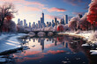 Winter Chicago city skyline, urban winter wonderland, Snow-covered trees in city parks