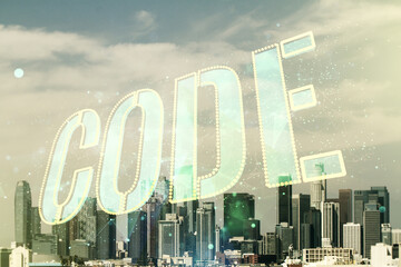 Wall Mural - code word hologram on los angeles skyscrapers background, artificial intelligence and neural network