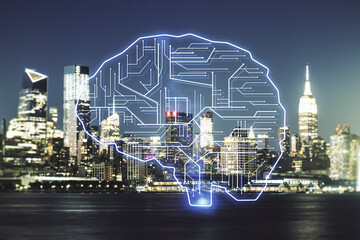 Wall Mural - Double exposure of creative human brain microcircuit hologram on Manhattan office buildings background. Future technology and AI concept