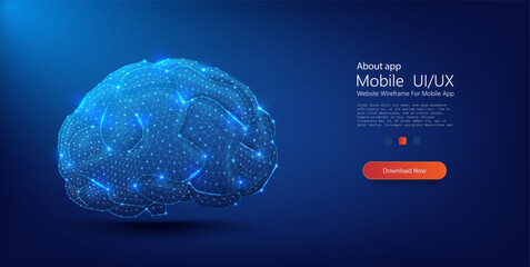 Leinwandbilder - Digital Brain Concept Illustration for Cognitive Technology and AI Development. Low Polygonal wireframe blue illustration on dark background.