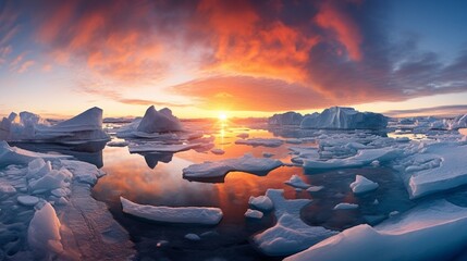 A panoramic view of a polar sunrise, with the sun peeking just above the horizon and illuminating the icy landscape.