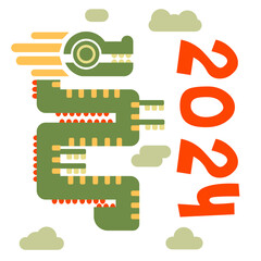 Wall Mural - 2024 Chinese New Year, the year of the Dragon. Chinese zodiac dragon in geometric flat modern style. Geometric green dragon with clouds and numbers on a white background