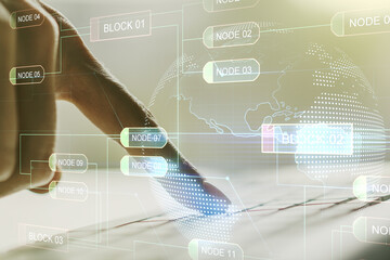 Wall Mural - multi exposure of abstract graphic coding sketch with world map and hands typing on computer keyboar