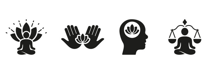 Wall Mural - Mental Health, Yoga And Balance Silhouette Icon Set. Person Meditate In Lotus Position Symbol Collection. Wellness Glyph Pictogram. Calm Mind, Zen Pose Sign. Isolated Vector Illustration