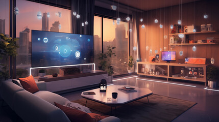 Poster - A smart home setup. A modern living space equipped with smart home devices like smart lights, tv and voice - controlled assistants. Smart home interior with augmented reality. AI generative.
