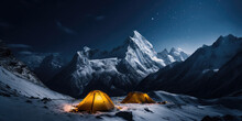 Panorama of Steep peak mountains with covered snow and yellow tent camping at twilight time