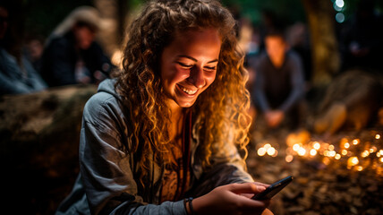 Wall Mural - Fotografía que capta a un grupo diverso de jóvenes reunidos al aire libre, absortos en sus dispositivos de telefonía móvil.