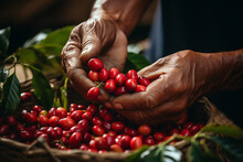 Ripe Coffee Berries In The Hands Of Farmer