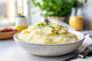 Creamy mashed potatoes in white bowl in white kitchen. Healthy food. Generative AI