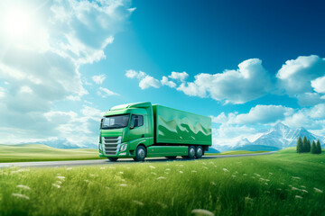 Eco friendly transportation concept. Futuristic electric autonomous  truck on rural road with a summer landscape.