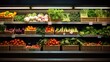 Healthy fruits and vegetables on a shelf in a supermarket background wallpaper ai generated image