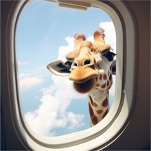 Giraffe Looking Out The Window Of An Airplane On A Sunny Day.