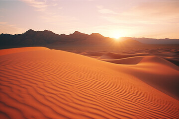 Wall Mural - The warm glow of the setting sun casting long shadows on vast sand dunes, creating a breathtaking desert landscape at sunset.