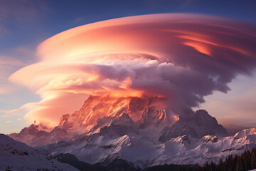 Poster - Lenticular cloud formation over mountain peaks, creating a striking and surreal atmospheric display.