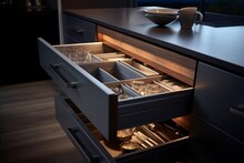Close-up of an open drawer in a modern minimalist kitchen with walnut cabinets and countertops. Utensils on the countertop. Cutlery in trays. A set of cutlery trays in a kitchen drawer.
