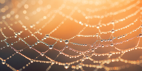  A spider web with water droplets on it, Sun rays illuminating diamond dust on a spider web created with generative ai


