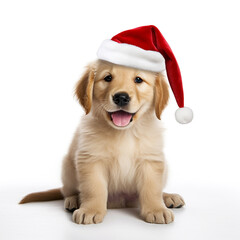 Wall Mural - Puppy Golden Retriever wearing santa clause hats, Theme christmas on white Background.