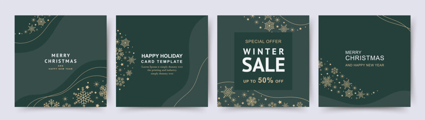 Wall Mural - Winter holidays green abstract backgrounds with golden snowflakes. Winter sale. Vector templates for social media post, invitation, greeting card, branding design, banner, poster, advertising