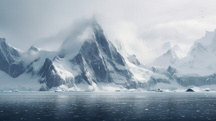 The rugged, snow-covered mountains of the Antarctic Peninsula, jutting out into the ocean.