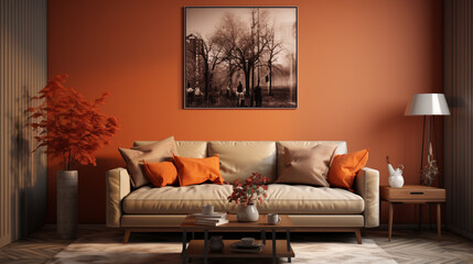 Wall Mural - A cozy living room with a prominent heat pump, meticulously detailed in aluminum, set against a background of rich dark orange and light bronze hues.