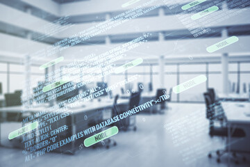 Wall Mural - multi exposure of abstract creative coding sketch on a modern furnished office background, artificia