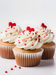 Wall Mural - Sweet cupcakes with white buttercream and red hearts on top, white background 