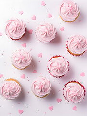 Wall Mural - Top view of cupcakes with white buttercream and pink hearts, pink background 