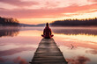 yoga instructor wearing a red jacket sits on the lake at sunrise, person meditating in nature with an emphasis on tranquility, mindfulness, and relaxation in winter