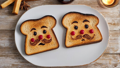 Two toasts with mustached faces, decorated with cherry tomatoes.