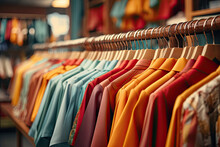 A Colorful Array Of Shirts Hanging On A Store Rack. Suitable For Fashion Retail, Clothing Store Promotions, Seasonal Sales, And Vibrant Apparel Advertisements.