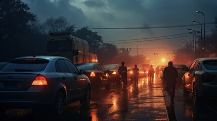 Wall Mural - traffic jam in night scene, Car rush hours city street on the rainy