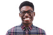 © Mayur/peopleimages.com - Portrait, black man and smile with laugh for funny, joke or humor with happiness. Male student, silly or goofy with comic expression on face with glasses on isolated or transparent png background