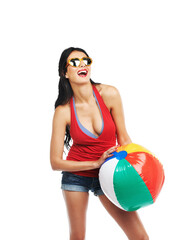 Wall Mural - Happy woman, portrait and beach ball in summer fashion for pool party isolated on a transparent PNG background. Young and attractive female person or model smile with casual clothing and sunglasses
