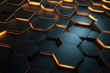 Abstract 3d Rendering Of Hexagon Background. Dark And Golden Glowing Hexagons, Abstract Hexagonal Geometric Ultra-wide Background, Structure Of Lots Of Hexagons Of Carbon Fiber, AI Generated