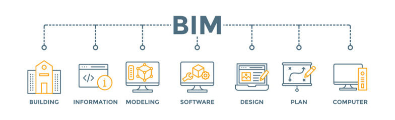 BIM banner web icon vector illustration concept for building information modeling with icon of building, information, modeling, software, design, plan, and computer